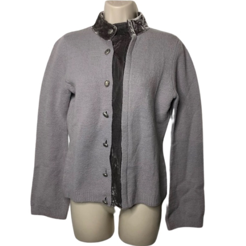 HWR Anthropologie grey high collar merino wool velvet button up sweater cardigan